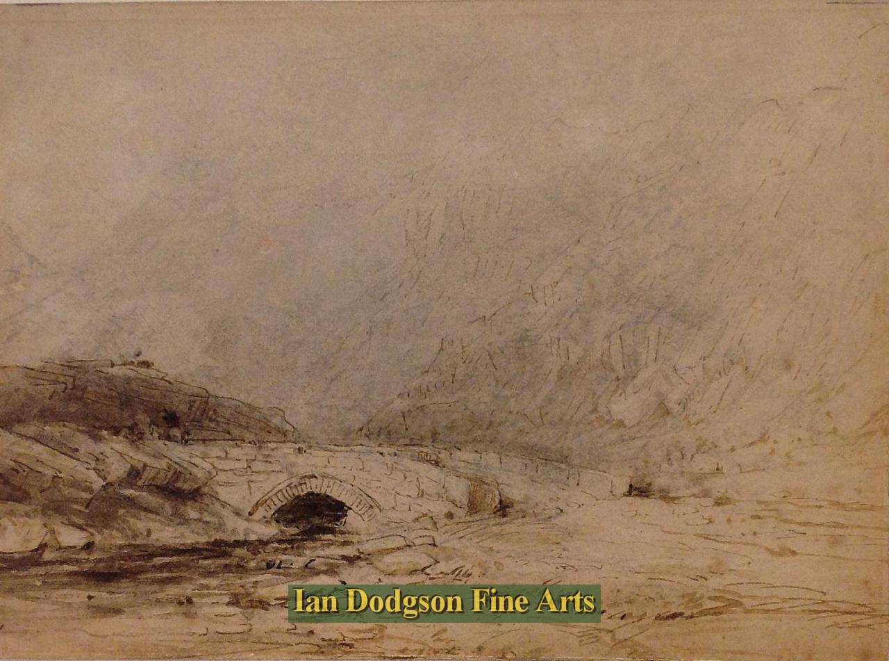 David Cox Snr - Over the Bridge, North Wales. Pen & Wash (c1840)