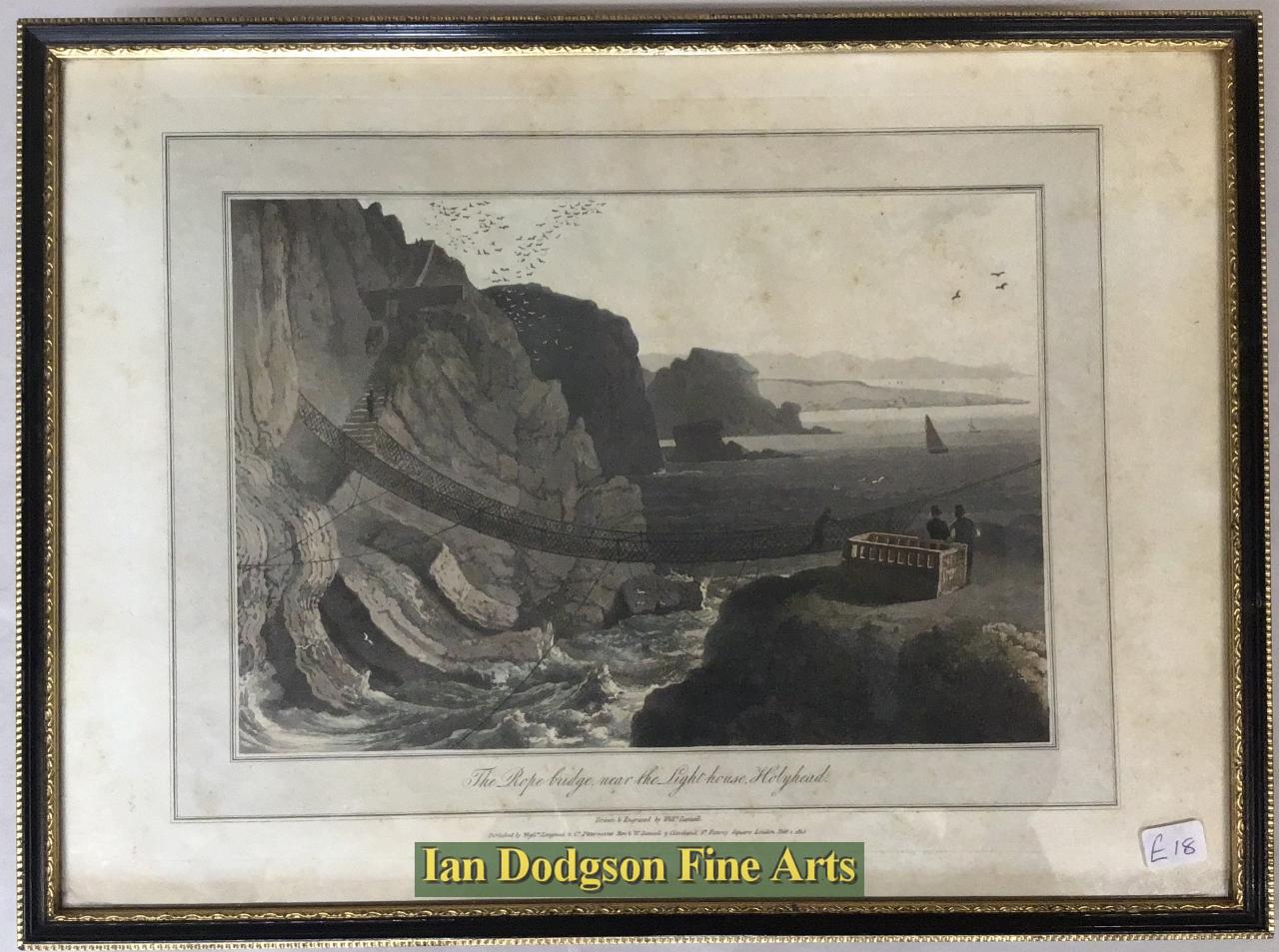 William Daniell - Rope Bridge to Lighthouse, Holyhead Aquatint (c1815)